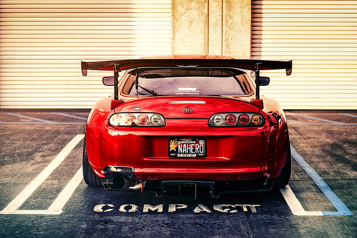 red sport car, tuning, sports car, Toyota, red, rear view, Supra, HD wallpaper