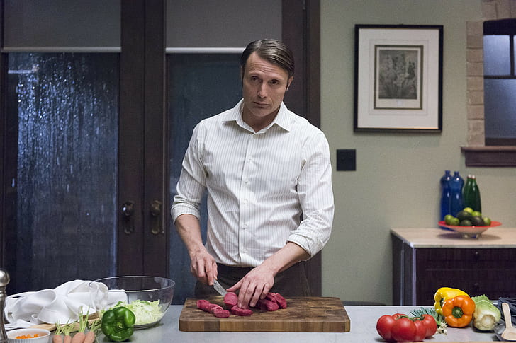 Hannibal, Serie, Mann, Serie, Schauspieler, Messer, Gemüse, Hannibal, TV-Show, NBC, Hannibal Lecter, eine Figur, ein Arzt, Mads Mikkelsen, Küche, HD-Hintergrundbild