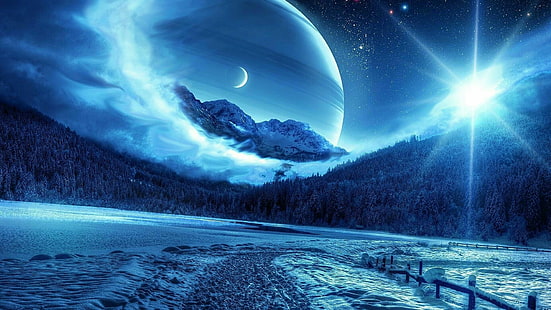 blå jord, natur, atmosfär, himmel, yttre rymden, fenomen, jord, frysning, universum, planet, vinter, rymden, månsken, HD tapet HD wallpaper