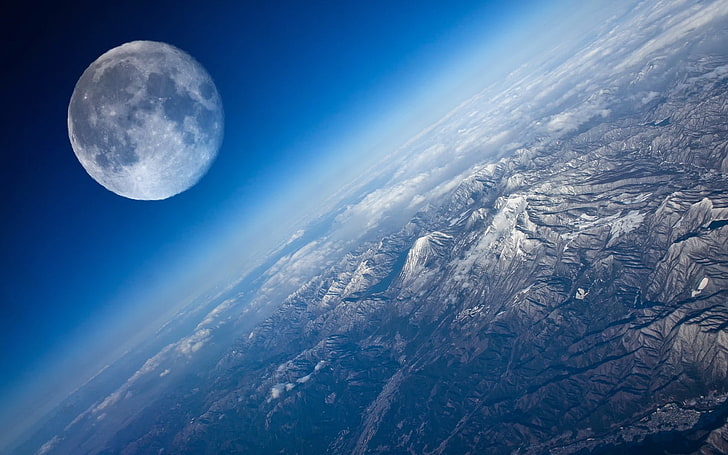 bulan dan gunung, ruang angkasa, seni ruang angkasa, bintang, planet, atmosfer, bulan, pegunungan, Wallpaper HD