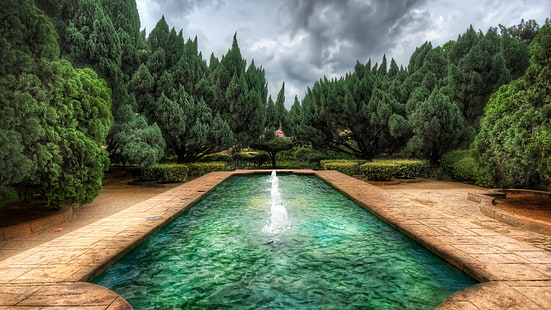 giardino, HDR, fontana, alberi, cespugli, Sfondo HD HD wallpaper