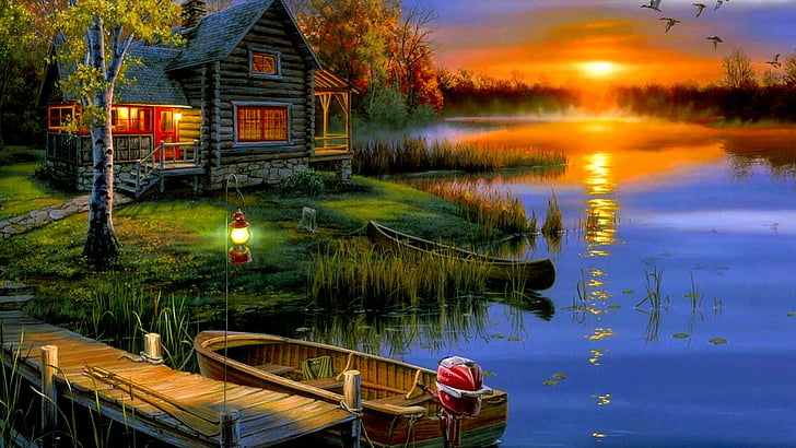 house, lake, sunset, painting, fantasy, HD wallpaper