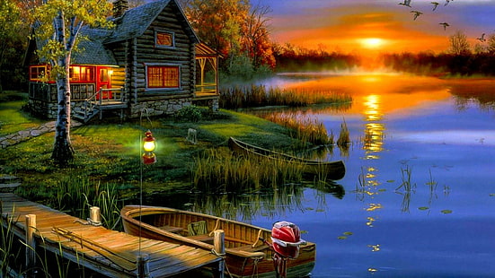 къща, езеро, залез, живопис, фантазия, HD тапет HD wallpaper