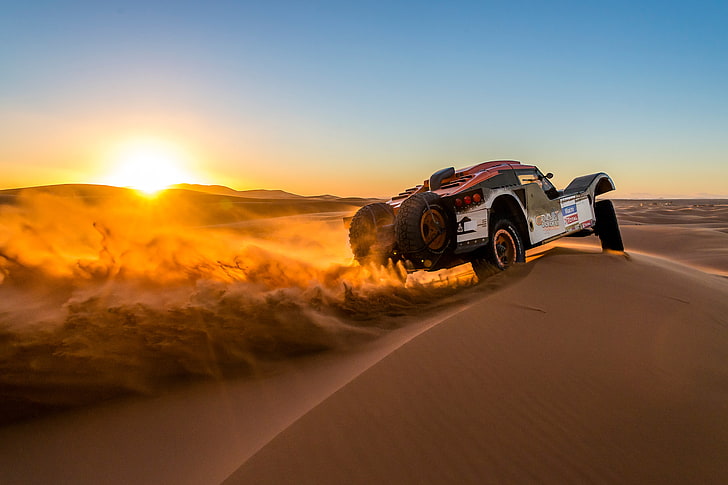 white and black car, car, rally cars, sand, desert, HD wallpaper