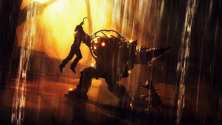 коричневая деревянная настольная лампа с абажуром, BioShock, Big Daddy, Little Sister, робот, HD обои