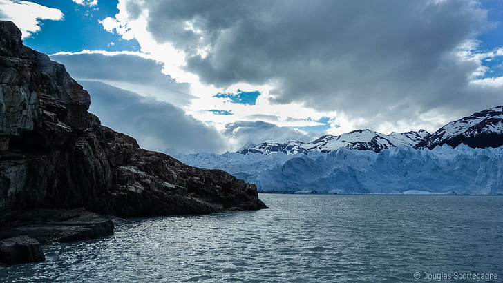 photo of body of water surrounded by black rock and mountain covered by snow under nimbostratus cloud, photo, body of water, black rock, mountain, snow, nimbostratus cloud, landscape, landscapes, patagonia, perito moreno  glacier, argentina, el calafate, wild, nature, ice, lake, blue  winter, outdoors, clouds, hiking, trekking, amazin, scenics, fjord, sea, glacier, water, blue, cloud - Sky, sky, mountain Range, beauty In Nature, HD wallpaper