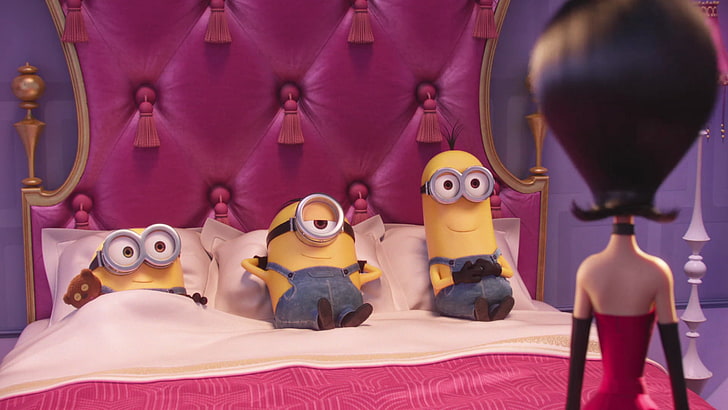 Movie, Minions, Bed, Bob (Minions), Cute, Kevin (Minions), Pink, Scarlet Overkill, Stuart (Minions), HD wallpaper