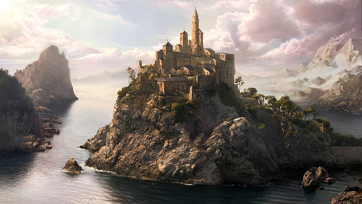 Kastil di atas formasi batu, seni fantasi, seni digital, render, Wallpaper HD