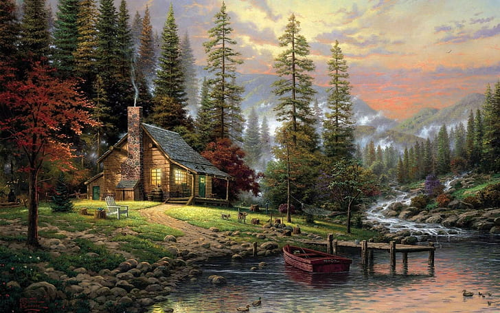 clouds, sunset, mist, painting, mountains, forest, house, dog, pier, boat, stones, nature, cabin, river, artwork, trees, landscape, Thomas Kinkade, HD wallpaper
