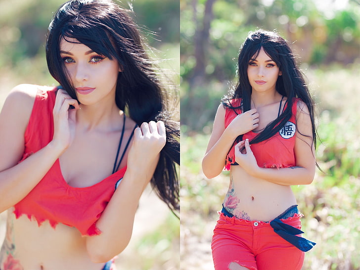 women's red scoop-neck sleeveless crop top collage, Amy Thunderbolt, women, model, black hair, cosplay, Son Goku, Dragon Ball Z, looking at viewer, women outdoors, collage, touching hair, Dragon Ball, belly, HD wallpaper