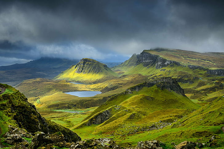 aerial photography of mountain surrounded with green grass beneath with clouds, quiraing, quiraing, Clouds, Quiraing, aerial photography, mountain, green grass, beneath, Landscape, dramatic, fog, grass  green, highlands, horizontal, isle of skye, lake, light, morning, nature, people, overcast, scotland, island, transient, luis, outdoors, scenics, mountain Peak, grass, summer, iceland, cloud - Sky, europe, hill, rock - Object, HD wallpaper