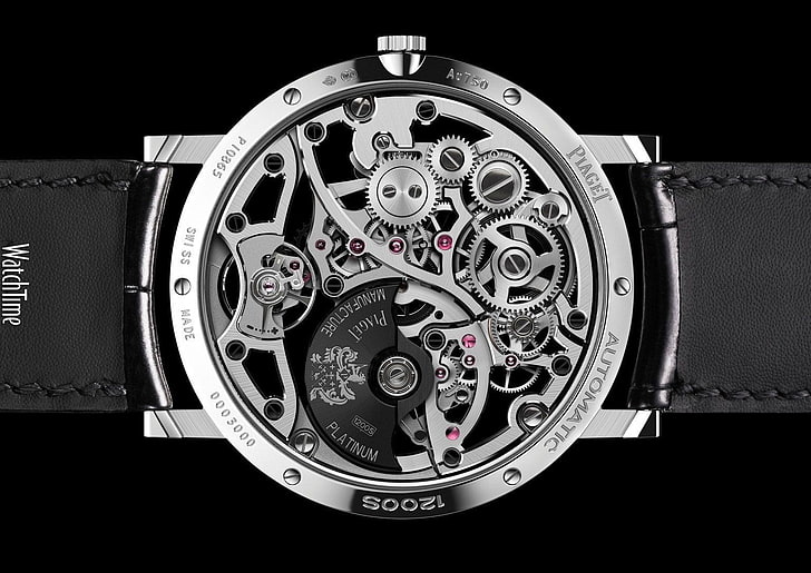 кръгъл сребърен хронографски часовник с черна кожена каишка, часовник, луксозни часовници, Piaget, HD тапет