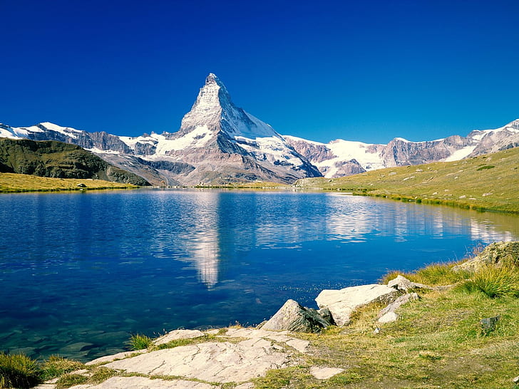 Paesaggio blu del lago e della montagna, blu, lago, montagna, paesaggio, Sfondo HD