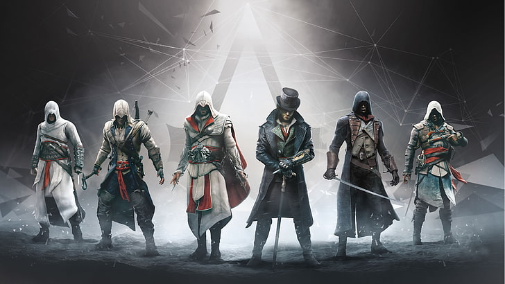 Assassin's Creed dijital duvar kağıdı, Assassin's Creed, Altaïr Ibn-La'Ahad, Ezio Auditore da Firenze, Connor Kenway, Edward Kenway, Arno Dorian, Jacob Frye, video oyunları, HD masaüstü duvar kağıdı