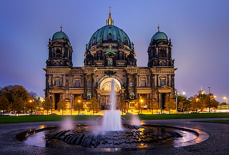 вечер, германия, фонтан, берлин, берлинский собор, берлинский дом, HD обои HD wallpaper