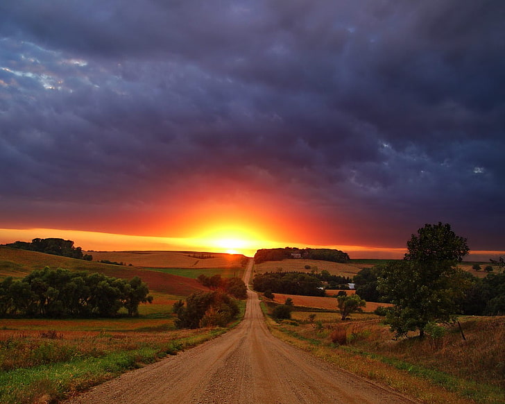 brauner Schotterweg, Wolken, Sonnenuntergang, Straße, HD-Hintergrundbild