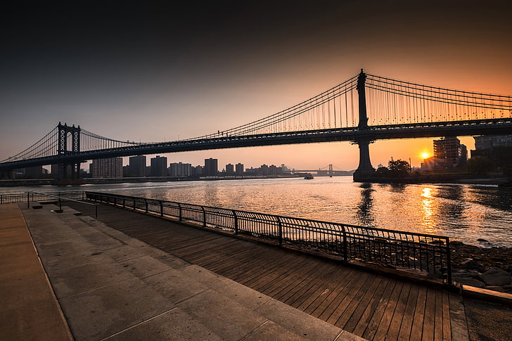 Brooklyn, New York, Sunrise, Manhattan Bridge, East River, Williamsburg Bridge, HD wallpaper