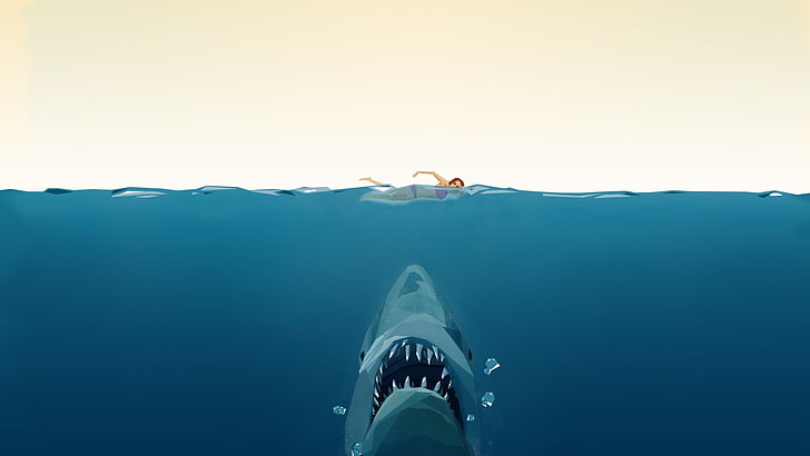 tubarão cinzento na ilustração subaquática, baixo poli, mandíbulas, natação, água, vista dividida, tubarão, filmes, fundo simples, peixe, animais, HD papel de parede