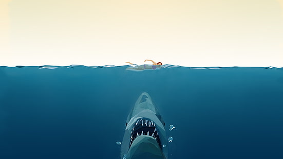 tubarão cinzento na ilustração subaquática, baixo poli, mandíbulas, natação, água, vista dividida, tubarão, filmes, fundo simples, peixe, animais, HD papel de parede HD wallpaper