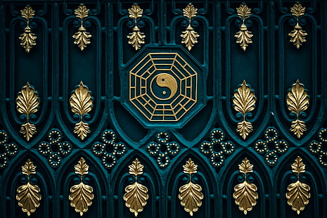 papel pintado digital ying yang de color latón y negro, yin yang, budismo, elemento, puertas, oro, Fondo de pantalla HD HD wallpaper