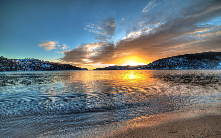 Norway scenery, lake, sunset, mountains, Norway, Scenery, Lake, Sunset, Mountains, HD wallpaper