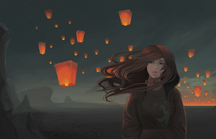 illustrazione di lanterne di luce, opere d'arte, ventoso, lanterne del cielo, deserto, occhi blu, Sfondo HD