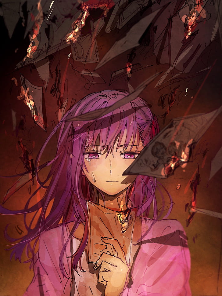 Série Fate, Fate / Stay Night, Fate / Stay Night: Feel's Heaven, Anime Girls, cheveux longs, cheveux violets, yeux violets, cheveux violets, Matou Sakura, fan art, art numérique, Fond d'écran HD, fond d'écran de téléphone