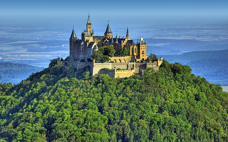 кафяв замък, природа, пейзаж, архитектура, хълмове, небе, дървета, гора, Германия, замък, кула, древен, поле, Hohenzollern, лабиринт, HD тапет