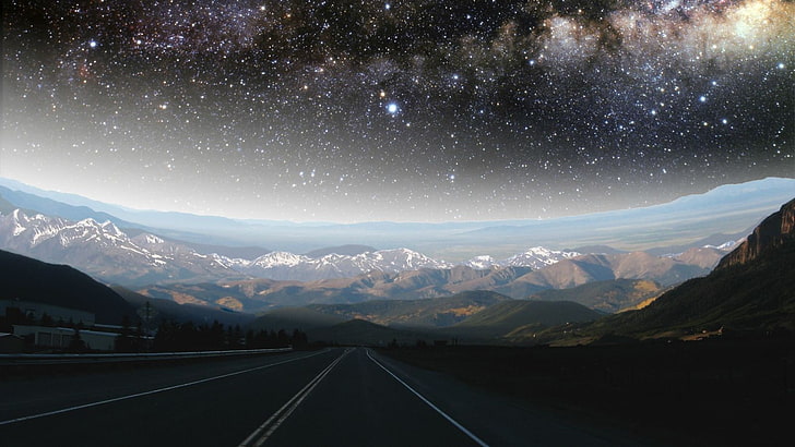 black asphalt road, mountains, valley, road, nebula, HD wallpaper