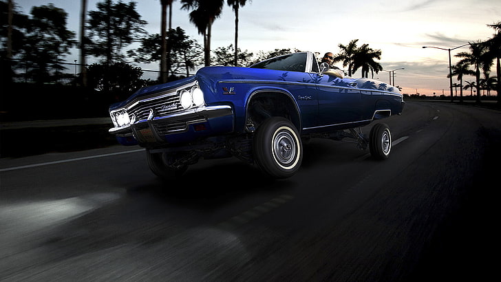 mobil otot biru, matahari terbenam, pohon-pohon palem, convertible, impala, lowrider, Wallpaper HD