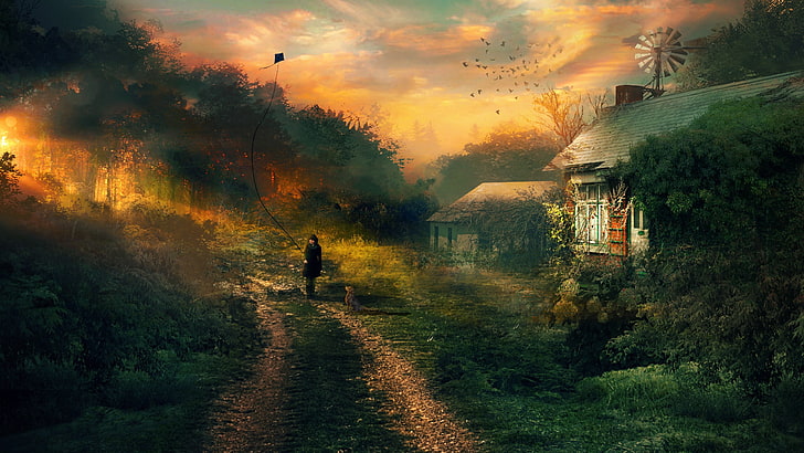 człowiek trzymający latawiec w pobliżu domu tapeta, grafika, sztuka cyfrowa, domek, latawce, las, światło słoneczne, pies, drzewa, ścieżka, ptaki, Tapety HD