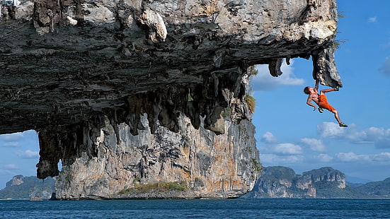 Escalada, paisaje, hombres, naturaleza, roca, escalada, mar, deportes, Vietnam, agua, Fondo de pantalla HD HD wallpaper