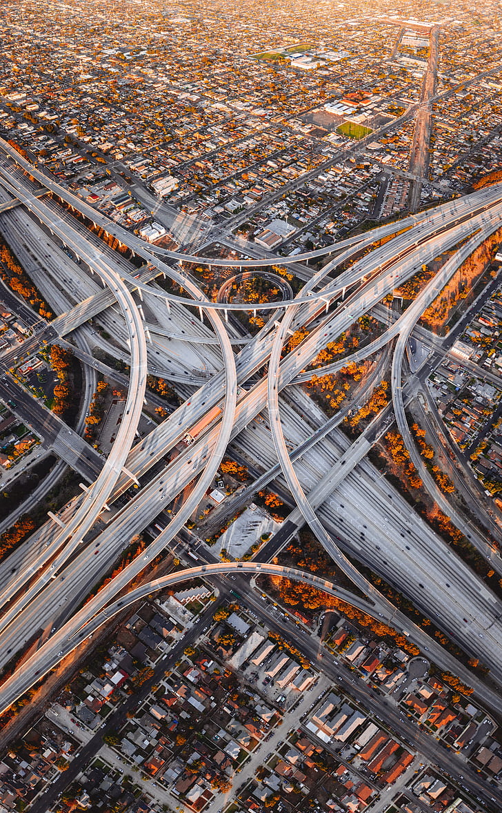 Straßenkreuzung, Straßen, Luftbild, Kreuzung, Gabelung, Sonnenuntergang, Los Angeles, HD-Hintergrundbild, Handy-Hintergrundbild