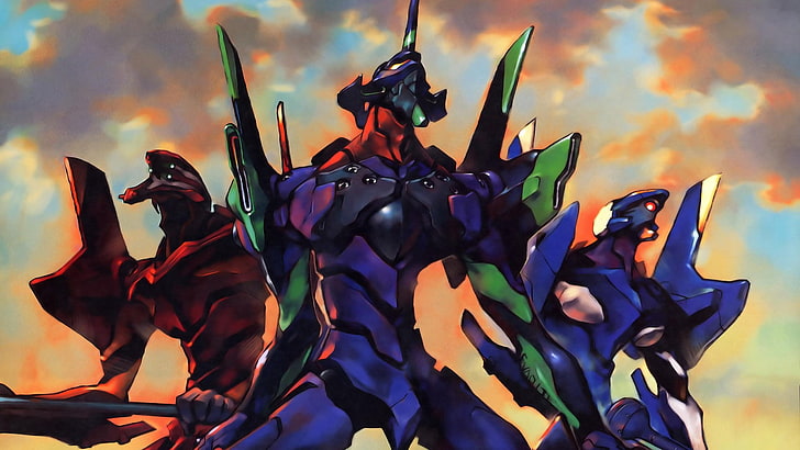 илюстрация на сини и червени роботи, Neon Genesis Evangelion, EVA Unit 00, EVA Unit 02, EVA Unit 01, аниме, HD тапет