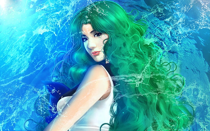 Chica de fantasía de cabello verde, agua, verde, cabello, fantasía, niña, agua, Fondo de pantalla HD