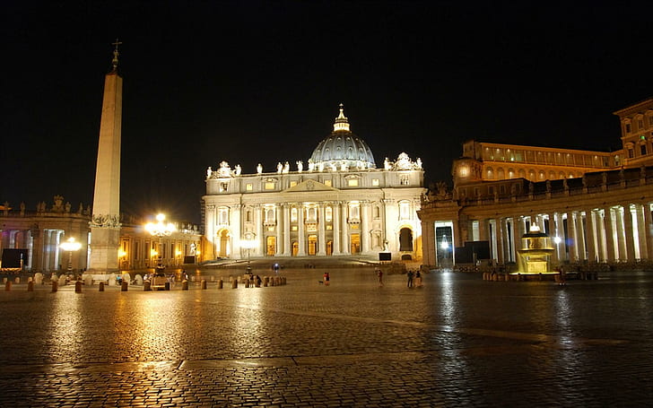 Piazza San Pietro,roma, lights, roma, beautiful, rome, religious, italy, architecture, piazza san pietro, night, animals, HD wallpaper