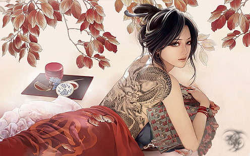 Wanita Cina berambut hitam dengan wallpaper tato naga, wanita, Asia, tato, melihat ke belakang, mata ungu, karya seni, gadis fantasi, Zhang Xiao Bai, Wallpaper HD HD wallpaper