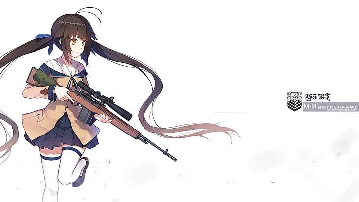 anime, anime girls, gun, weapon, sniper rifle, M14, long hair, yellow eyes, school uniform, girls with guns, Girls Frontline, HD wallpaper