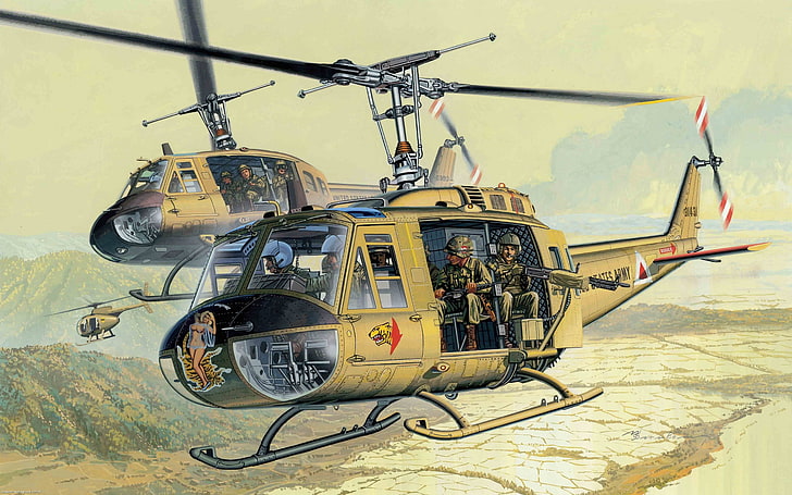ilustracja dwóch brązowych helikopterów, helikopter, amerykański, uniwersalny, Bell, UH-1, Iroquois, Mohawk, Huey, Tapety HD