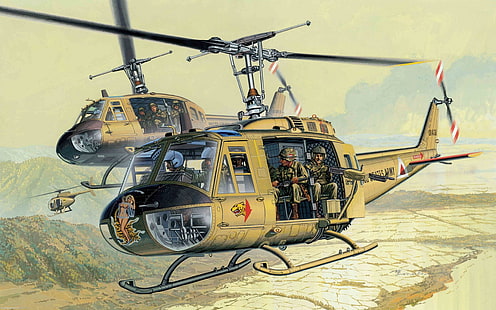 ilustracja dwóch brązowych helikopterów, helikopter, amerykański, uniwersalny, Bell, UH-1, Iroquois, Mohawk, Huey, Tapety HD HD wallpaper