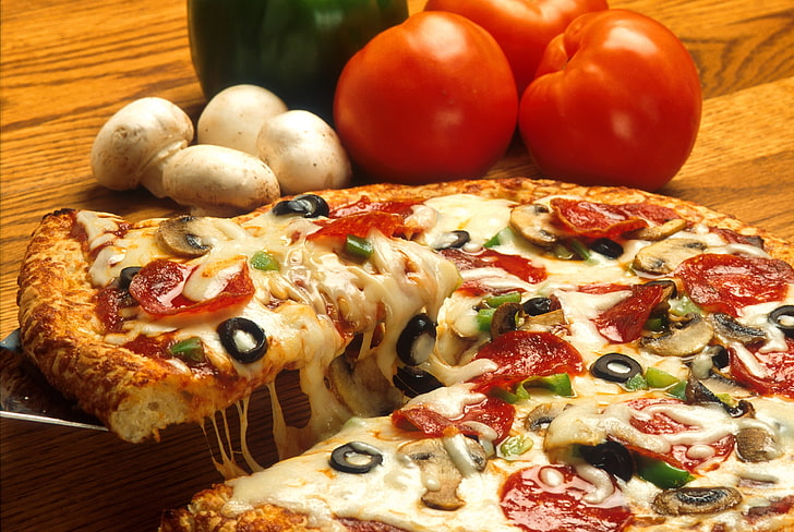pizza, supreme, tomates, HD wallpaper