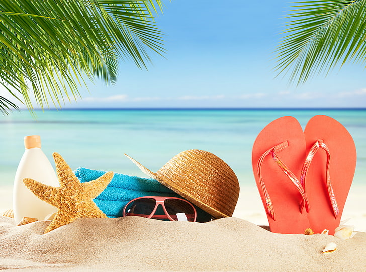 sand, sea, beach, the sun, hat, glasses, summer, slates, vacation, HD wallpaper