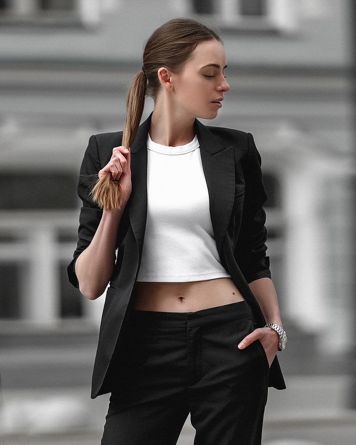 belly, urban, women outdoors, Alexey Polskiy, women, model, profile, black jackets, vest, holding hair, HD wallpaper