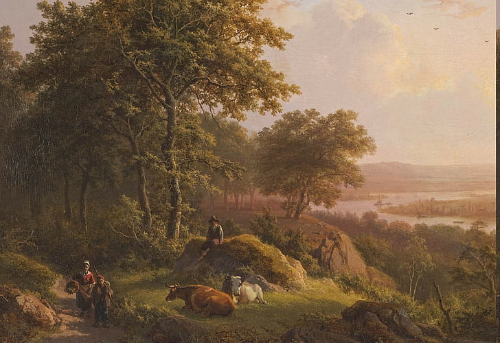 malerei bauern landschaft klassische kunst kühe felsen bäume fluss tiere ölgemälde, HD-Hintergrundbild