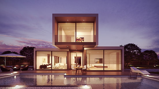 casa dipinta di bianco, design, interno, piscina, moderno, Sfondo HD HD wallpaper