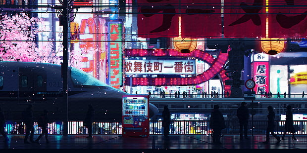 люди, поезд, вокзал, Япония, реклама, Токио, персонажи, платформа, арт, вишня в цвету, огни ночного города, Seerlight, HD обои HD wallpaper