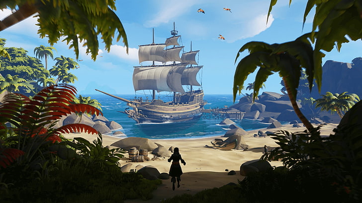 brown ship on shore illustration, video games, pirates, Sea of Thieves, ship, HD wallpaper