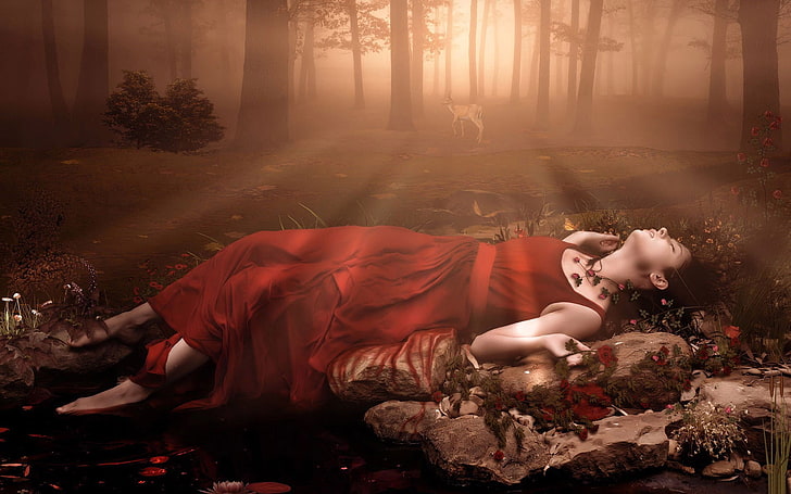 fantasy art, closed eyes, death, fantasy girl, forest, HD wallpaper