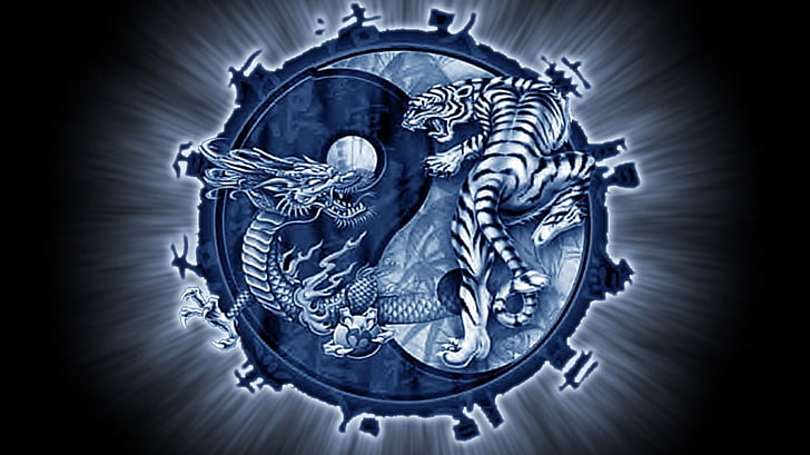 Ин и Ян с тигър и дракон илюстрация, дракон, тигър, Ин и Ян, HD тапет