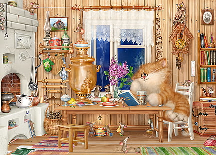 тигър, седнал на стол, четещ книга живопис, стая, неща, фигура, Кошак, село, Алекс Долотов, мишка, самовар, HD тапет HD wallpaper